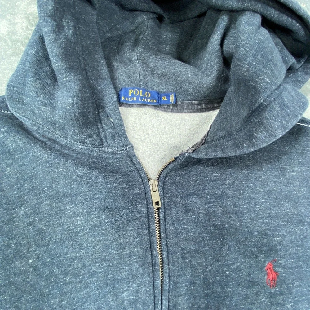 Polo Ralph Lauren Fleece Full Zip Hoodie Mens XL Grey Logo Red‎ Kangaroo Pockets